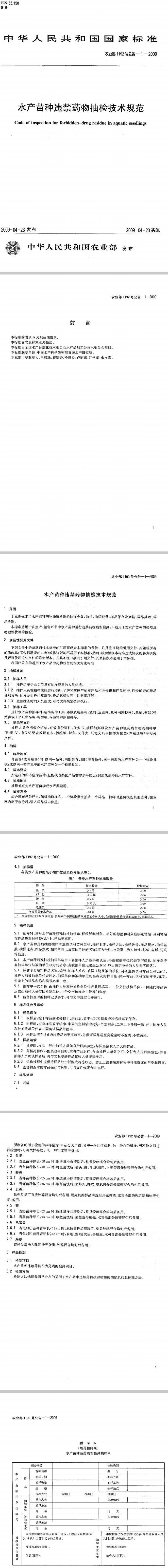 《水產(chǎn)苗種違禁藥物抽檢技術(shù)規(guī)范》農(nóng)業(yè)部1192號公告-1-2009(全文)